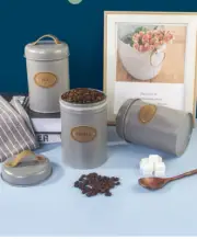 Storage Canisters Set Tea Coffee Sugar Kitchen Jars Containers Metal Grey Black