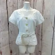 NWT BANANA REPUBLIC WHITE LINEN BLEND BELTED TOP SIZE 12 TCC