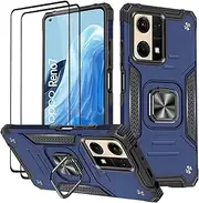 [KANSi] Case for Oppo Reno7 / Reno 7, Protective Film [Pack of 2] Silicone TPU Hard PC Mobile Phone Cases 360 Degree Rotating Ring Holder Bumper Shock Absorption Protective Case - Blue
