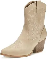 [PEPPEP] Western Cowgirl Cowboy Ankle Boots for Women or Ladies, Mid Calf, Vegan Leather Embroidered Upper, Low Heel, Fashionable Pointed-toe, Well Made and Comfortable