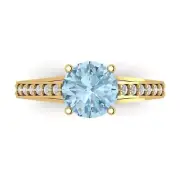 2.21 Round cathedral Real Aquamarine Promise Bridal Wedding Ring 14k Yellow Gold