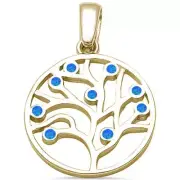 Yellow Gold Plated Blue Opal Tree Of Life .925 Sterling Silver Pendant