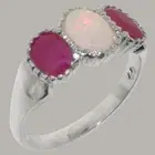 9ct White Gold Natural Opal & Ruby Womens Trilogy Ring - Sizes J to Z