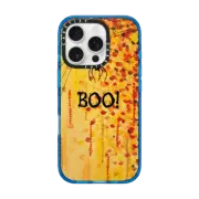 iPhone 16 Pro Impact Case MagSafe Compatible BOO! Spooky Cool Spider Halloween Typography Creepy Festive Trick or Treat Orange Black Spiderweb All Hallow's Eve Bold Fine Art Painting Design