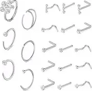[kodivenj] 21pcs Nose Stud Nose Ring,L Shape 20 G Surgical Stainless Steel Diamond Nose Pin Nose Stud Ring Set Bone Nostril Piercing Nose Piercing Stud Hoop Jewelry CZ Body Piercing for Women Men, one