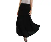 Women Ruffle Trim Skirt Elastic High Waist Drawstring A Line Pure Color Skirt For Summer Wear Black L