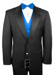 Sizes 35-64 Long. 6-Piece Tuxedo Package with Flat Front Pants & Blue Vest