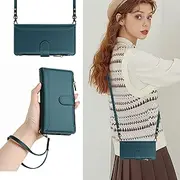 [PONRFEKT] for Samsung Galaxy A70 / A70S Phone Case,Flip Case Leather Wallet Case with 9 Card Holder Zipper Wallet with Lanyard Wristlet Protective Phone Cover,Dark Green