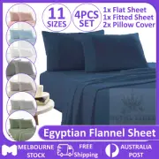 Hotel Flannel 4pcs Flannelette Flat Fitted Sheet Set Single/KS/Queen/King Bed AU