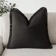 Decorative Linen Fringe Throw Pillow Covers Cozy Boho 18" x 18" Black