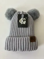 C.K. Youth Knit Ribbed Beanie With Faux Fur Pom Poms Double Insulated Winter Hat
