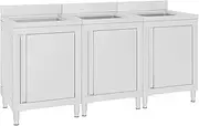 Commercial Kitchen Sink Cabinets Set - 3 Pcs Stainless Steel, 180x60x(95-96) cm, Professional Prep Work Tables with Backsplash, Durable Storage for Restaurant, Hotel, and Gastronomy Use