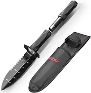PANCKY Metal Detector Shovel with Extended Handle & Carrying Sheath, Heavy Duty Double Serrated Edge Metal Detecting Digging Tool, Digger Trowel for Gardening, Camping, Black
