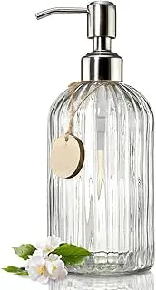 MOTRAIN 18 Oz Glass Soap Dispenser with Rust Proof Stainless Steel Pump, Refillable Hand Soap Dispenser with Vertical Stripe, Premium Bathroom Soap Dispenser for Kitchen & Bathroom.