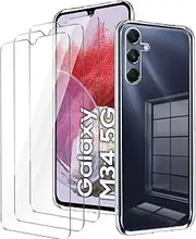 Case for Samsung Galaxy M34 5G (6.5 inches) Transparent Mobile Phone case + 3 Tempered Glass Screen Protector, Soft Silicone TPU Protective Cover 9H Hardness HD Tempered Glass Film Glass