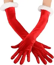 [Satisyo] Christmas Gloves for Women Girls Short Red Velvet Fur Costume Gloves with White Furry Cuff Accessories Mrs. Santa Gloves Fancy Dress Christmas Party Favors (Long Style, 55cm/21.65'' long)