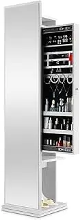 Jewellery Storage Standing Full Length Mirror Sliding Cabinet 360 Rotating Coat Clothes Rack Armoire Organizer White