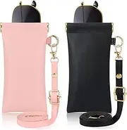 [Hifot] 2Pcs Leather Glasses Case Soft, Portable Squeeze Top Soft Sunglasses Case Glasses Pouch with Hook and Lanyard, Spectacle Cases Soft Leather Sunglasses Bag Pouch Slim Glasses Case for Women Girl,