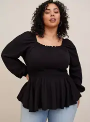Torrid Rayon Slub Waist Detail Blouson Sleeve Top Shirt Sz 4 Black NEW Peplum