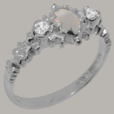 Solid 14k White Gold Natural Opal & Diamond Womens Trilogy Ring - Sizes 4 to 12