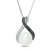 9.0mm Cultured Freshwater Pearl and 0.13 CT. T.W. Enhanced Black and White Natural Diamond Loop Pendant in Sterling Silver