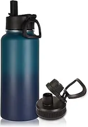 Volhoply 32 oz Insulated Water Bottle with Straw Lid and Spout Lid,Stainless Steel Sports Water Bottle,Double Wall Vacuum Thermos,Leakproof Metal Flask with Wide Mouth for Hiking,Camping(Dark Night,1)