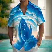 Men's Prayer Gesture Shirt Summer Shirt Button Up Shirt Short Sleeve Fashion Casual Outdoor Vacation Dailywear Summer Spring Turndown 3D Print Collared Shirts