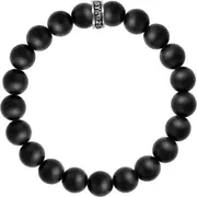 King Baby Studio 10mm Black Onyx Beaded Bracelet with Logo Ring in Silver at Nordstrom, Size Small