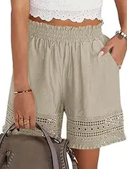 [Hubery] Shorts for Women Casual Elastic Waist Yoga Lounge Shorts Comfy Stretch Lace Trim Summer Beach Linen Ruffle Shorts