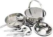 Blelsa Camping Cookware Mess Kit for 4 Persons Stainless Steel Cooking Set with Pot Pan Soup Spoon Bowls Folding Sporks Cooking Equipment for Family Camping Hiking Picnic Silver