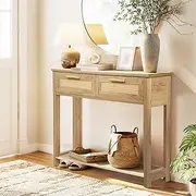 Narrow Console Table Hallway Sofa Couch Side Entryway Entrance End Accent Home Living Bedroom Furniture Oak with Rattan Storage Drawers Shelf