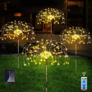 4 Pack 120 LED Waterproof Solar Firework Lights are 8 Modes Decorative Sparkles Stake Landscape Light, (Warm White)