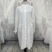 Eileen Fisher Medium White Organic Linen Mandarin Collar Button Pocket Dress B15