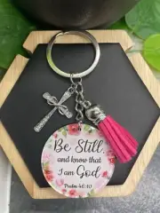 3.5” Scripture Pendant Purse Rhinestone Cross Charm Keychain Be Still B3616