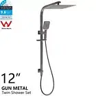 2 In 1 Gun Metal Large 12" Square Rainfall Shower Head & Handset Slide Rail Arm