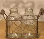 2 Bottles with Chicken Wire Carrier, Farmhouse Decor, Shabby Chic Decor