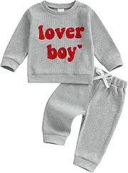 [DNOMAID YZARC] Toddler Baby Boy Valentines Day Outfit Lover Boy Embroidery Waffle Knit Sweatshirt Long Pants 2Pcs Clothes Set