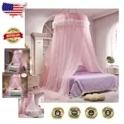 Elegant Double-Layer Princess Canopy Bed Curtain with Star Lights - White/Pink