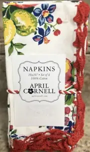 April Cornell Lemons Red Blue Floral French Provencal Napkin Set Of 4 Crochet