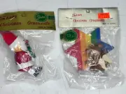 Vintage 1970s Christmas Ornaments Set - Rainbow Star with Bear & Santa Clause
