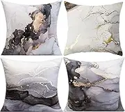 4 Pack Marble Texture Black and Gold Silver Decorative Throw Pillow Covers Luxury Abstract Fluid Art Ink Soft Velvet Pillow Case Square Cushion Covers for Couch Living Room 18 x 18 Inch