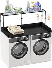 2-Tier Washer Dryer Countertop with 4.13"H Edge Rails 54" W x 27.55" D Laundry Countertop for Folding Clothes, Washer and Dryer Topper Organization with 21" Adjustable Storage Rack Shelf Non-Slip Pad