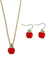 [Yocoyee] Red Apple Necklace Earrings Set for Women Red Enamel Fruit Acrylic Green Apple Dangle Eearrings Student Teacher Back to School Jewelry