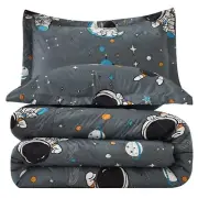 JSD Grey Astronaut Kids Comforter Set Queen Size, 3 Piece Space Theme Microfi...