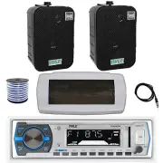 Pyle Bluetooth Marine Receiver, Cover, Antenna,Wire, 2x 5.25" 400W Black Speaker