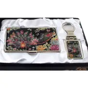 Mother of Pearl Peacock Design Keychain Key Ring Fob Name Card Case Holder Set