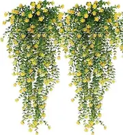 AU7042-2 2pcs Simulation Eucalyptus Fake Plant Hanging Flower UV Protection Imitation Lavender Flower Indoor Outdoor Decoration Home Garden Christmas Wedding Party (Yellow)
