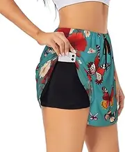 [GaxfjRu] Hen Flying Butterflies Among Flowers Print Women's Running Shorts High Waisted Running Shorts Pocket Sporty Gym Elastic Short