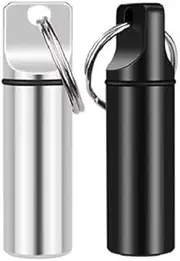 2 Pack Small Pocket Pill Box Keychain, Portable Mini Aluminium Alloy Pill Organizer Case Container for Purse, Waterproof Metal Pill Holder Bottle for Outdoor Camping Travel (Black+Silver, One size)