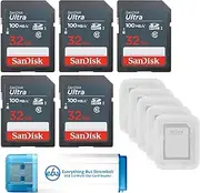 Everything But Stromboli SanDisk 32GB Ultra SD Memory Card 5 Pack SDHC UHS-I Class 10 (SDSDUNR-032G-GN3IN) Bundle with 5 SD Card Cases & 1 3.0 Card Reader